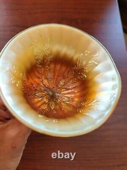 Awesome Vaseline Opalescent Fenton Carnival Glass Holly Round Shapped Compote