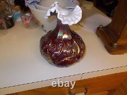 Beautiful Fenton Ruby Red Iridescent Carnival Glass Swan Vase with Cattails MINT