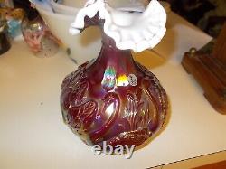 Beautiful Fenton Ruby Red Iridescent Carnival Glass Swan Vase with Cattails MINT