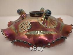 Beautiful Mint Condition Northwood Wishbone Carnival Glass Ruffled 3-Footed Bowl