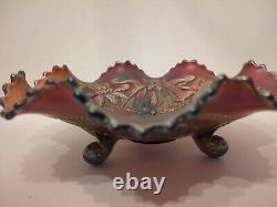 Beautiful Mint Condition Northwood Wishbone Carnival Glass Ruffled 3-Footed Bowl
