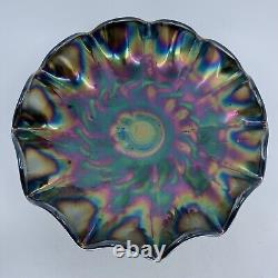 Black Iridescent Carnival Glass Footed Compote Bowl Crown Crystal Vintage