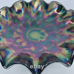 Black Iridescent Carnival Glass Footed Compote Bowl Crown Crystal Vintage