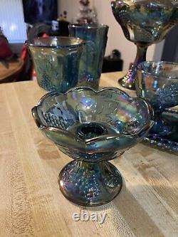 Blue Carnival Glass Indiana Grape Leaf Glass (11) Piece Lot All Together