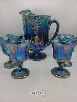 Blue Carnival Glass Iridescent Purple Grape Leaf 10 Pitcher & 6 glasses 5.5