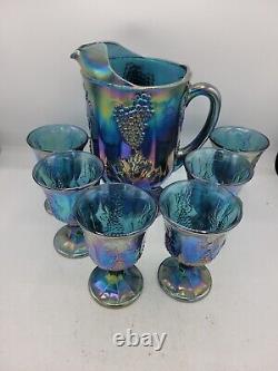 Blue Carnival Glass Iridescent Purple Grape Leaf 10 Pitcher & 6 glasses 5.5