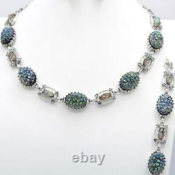 Blue Iridescent Carnival Glass Geode Rhinestone Necklace Bracelet Earrings Set