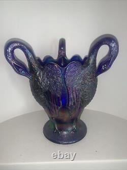 Blue Iridescent Imperial Carnival Glass Swan Vase