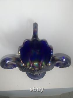 Blue Iridescent Imperial Carnival Glass Swan Vase