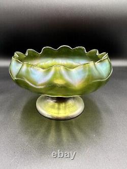 Bohemian Kralik Iridescent Green Glass Mounted Compote Bowl Quad-Plated Silver