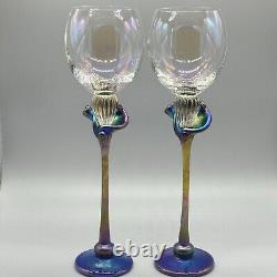 Bri'oni Art Glass Iridescent Carnival Colorful Tall 11.5 Set Of 2 Wine Glasses