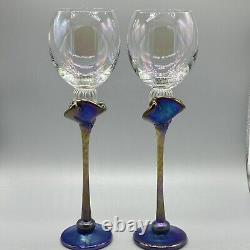 Bri'oni Art Glass Iridescent Carnival Colorful Tall 11.5 Set Of 2 Wine Glasses