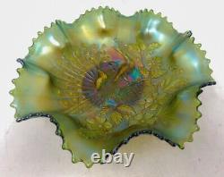 C. 1919 Emerald Green Northwood Carnival Glass Peacocks on the Fence 9 Bowl VGC