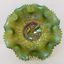 C. 1919 Emerald Green Northwood Carnival Glass Peacocks on the Fence 9 Bowl VGC