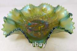 C. 1919 Emerald Green Northwood Carnival Glass Peacocks on the Fence 9 Bowl VGC