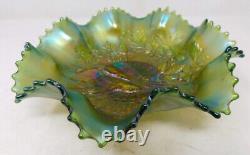 C. 1919 Emerald Green Northwood Carnival Glass Peacocks on the Fence 9 Bowl VGC