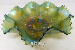 C. 1919 Emerald Green Northwood Carnival Glass Peacocks on the Fence 9 Bowl VGC