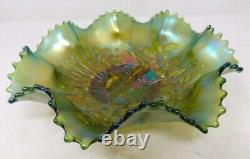 C. 1919 Emerald Green Northwood Carnival Glass Peacocks on the Fence 9 Bowl VGC