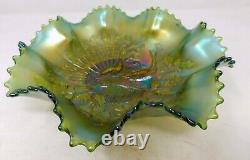 C. 1919 Emerald Green Northwood Carnival Glass Peacocks on the Fence 9 Bowl VGC