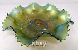 C. 1919 Emerald Green Northwood Carnival Glass Peacocks on the Fence 9 Bowl VGC