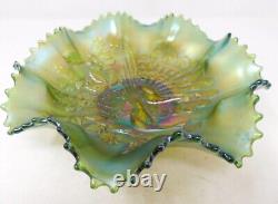 C. 1919 Emerald Green Northwood Carnival Glass Peacocks on the Fence 9 Bowl VGC