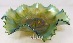 C. 1919 Emerald Green Northwood Carnival Glass Peacocks on the Fence 9 Bowl VGC