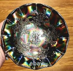 CARNIVAL GLASS BLACK AMETHYST Butterfly Bush & Bells Compote ELECTRIC IRIDESCENC