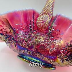 Candy Fenton Glass Basket Cranberry Purple Plum Opalescent Carnival Pink Floral
