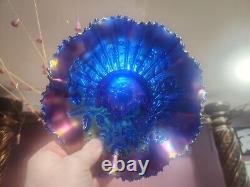 Carnival Electric Blue Northwood Stippled Good Luck Ruffled Bowl Ribbed