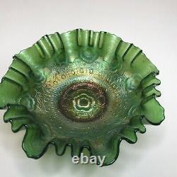Carnival Glass Bowl Decorative Dish with Green Iridescent Pattern 8 Diameter