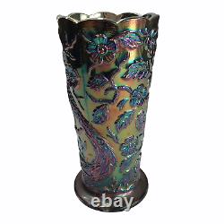 Carnival Glass Flower Vase with Peacock, Floral Iridescent Pattern 8 Inches Tall