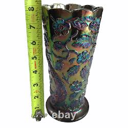 Carnival Glass Flower Vase with Peacock, Floral Iridescent Pattern 8 Inches Tall