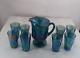 Carnival Glass Harvest Grape Blue Iridescent Pitcher & 8 Glasses