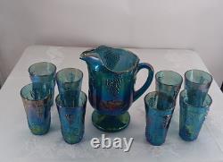 Carnival Glass Harvest Grape Blue Iridescent Pitcher & 8 Glasses