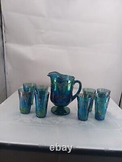 Carnival Glass Harvest Grape Blue Iridescent Pitcher & 8 Glasses