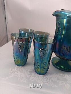 Carnival Glass Harvest Grape Blue Iridescent Pitcher & 8 Glasses