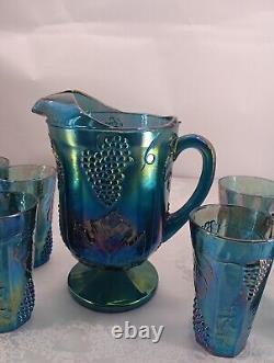 Carnival Glass Harvest Grape Blue Iridescent Pitcher & 8 Glasses