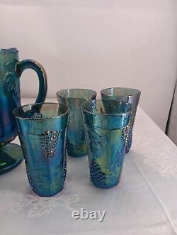 Carnival Glass Harvest Grape Blue Iridescent Pitcher & 8 Glasses