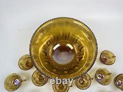 Carnival Glass Marigold Gold Imperial Grape Punch Bowl Set Antique 12 Cups