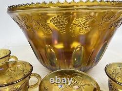 Carnival Glass Marigold Gold Imperial Grape Punch Bowl Set Antique 12 Cups