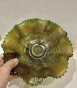 Carnival Glass Northwood Nippon Green Piecrust Bowl 8.75 Basketweave Back Scarce