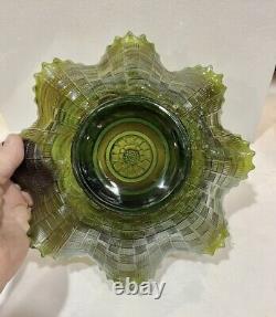 Carnival Glass Northwood Nippon Green Piecrust Bowl 8.75 Basketweave Back Scarce