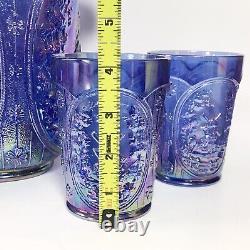 Carnival Glass Pitcher 4 Tumbler Set Blue Iridescent Windmill Pattern LE Smith