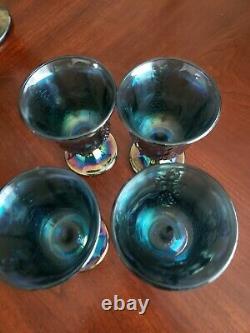 Carnival Glass Pitcher And 4 Goblet Set Iridescent Depression Vintage Blue
