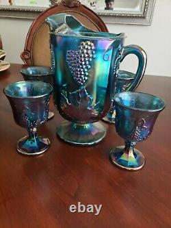 Carnival Glass Pitcher And 4 Goblet Set Iridescent Depression Vintage Blue