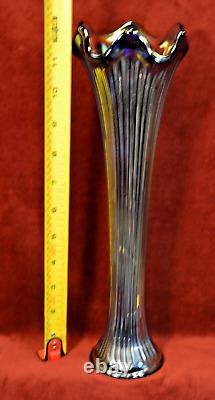 Carnival Glass Vertical Line Faux Stump 12 Iridescent Vase Vintage