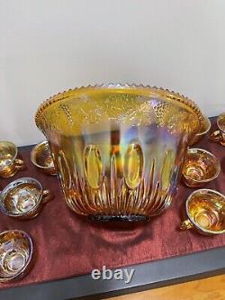 Carnival Indiana Glass Punch Bowl and 12 Cups Set Iridescent Gold Vintage