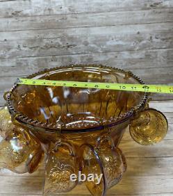 Carnival Indiana Glass Punch Bowl and 12 Cups Set Iridescent Gold Vtg READ