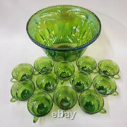 Carnival Punch Bowl Iridescent Set 12 Mugs Cups Princess Green Indiana Glass