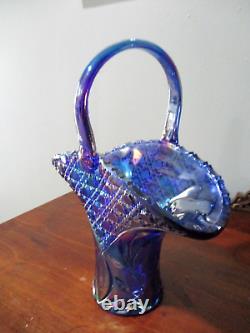 Carnival cut glass Iridescent Amethyst scalloped edged applied handle basket